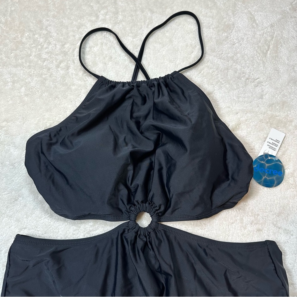 Decree Black Cutout Textured Ribbed One Piece Swimsuit Halter Neck Tie Open Back - Picture 2 of 8